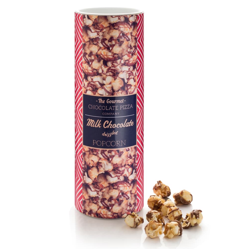 Toffee popcorn drizzled with chocolate, presented in a smart gift tube.